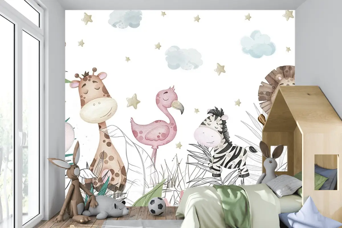 Renkli Yapraklar Sevimli Hayvanlar Çocuk Odası Duvar Kağıdı