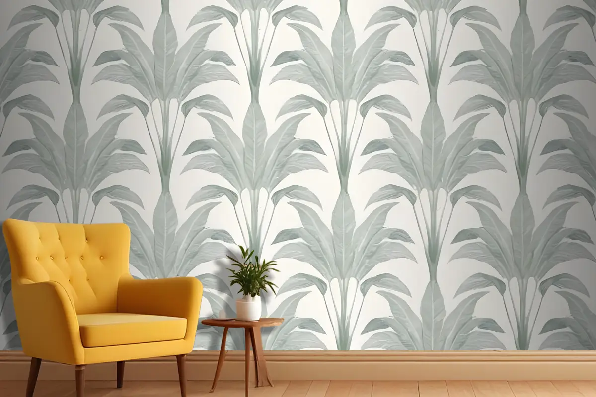 Açık Gri Antre  Hol  Koridor Duvar Kağıdı Duvarında Büyük Yeşil Palmiye Yapraklarının Veya Yapraklarının Tekrarlanan Deseni