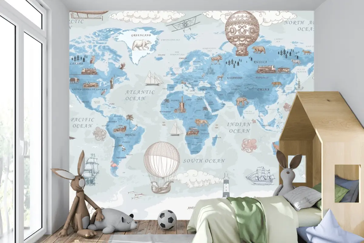 Retro Dünya Haritası Çocuk Odası Duvar Kağıdı