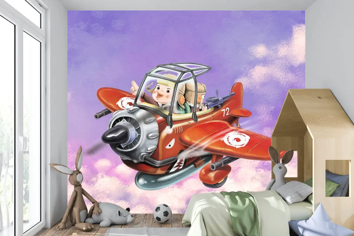 Kırmızı Uçağa Binmek Gökyüzünde Uçmak İki Havacı Çocuk Odası Duvar Kağıdı