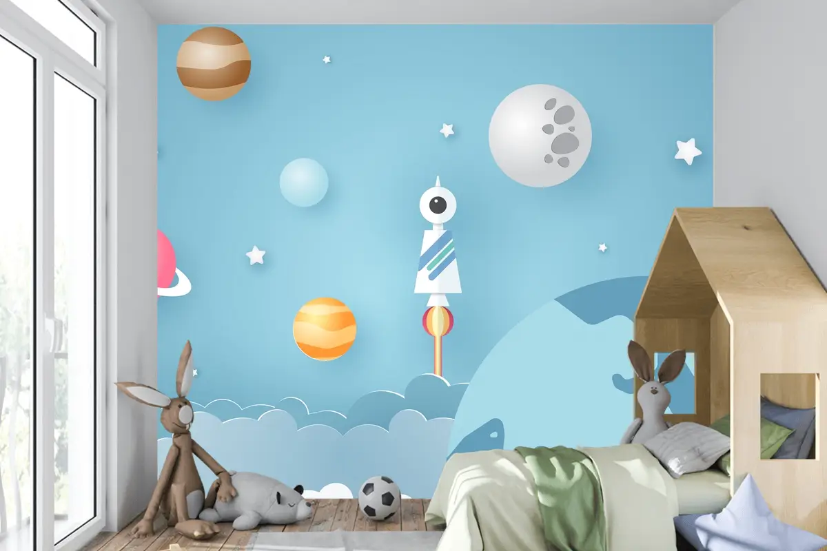 Roket Gezegenler Gibi Çeşitli Gök Nesneleriyle Çevrelenmiş Çocuk Odası Duvar Kağıdı