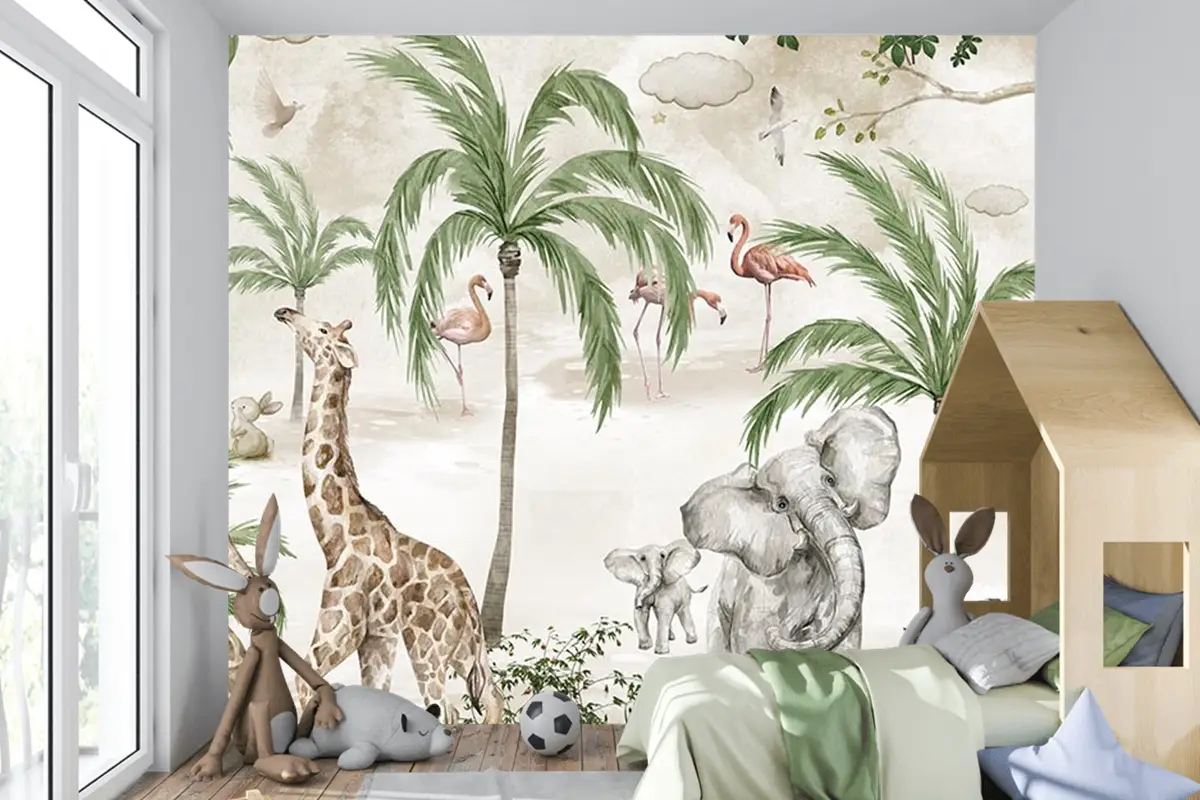Safari Hayvanları Çocuk Odası Duvar Kağıdı Tropikal Safari Wallpaper