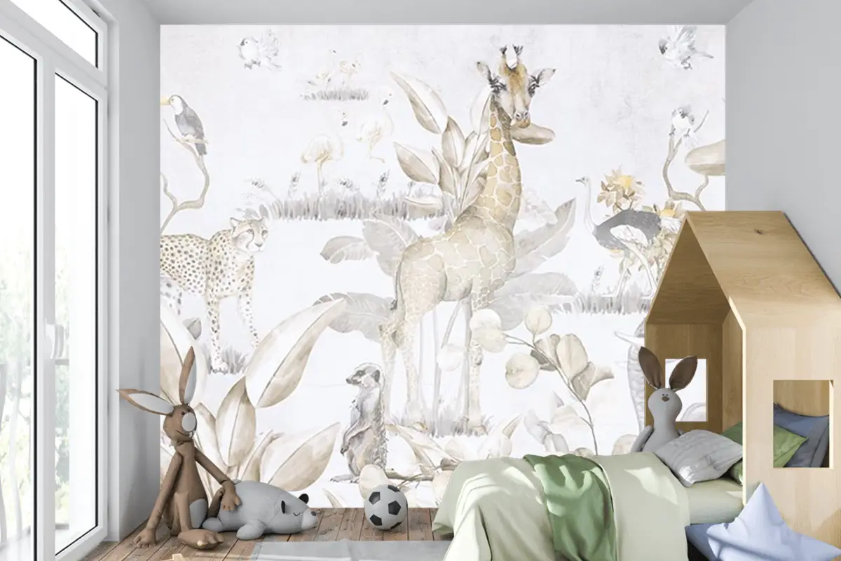 Safari Hayvanları Ve Ağaçlar Çocuk Odası Duvar Kağıdı