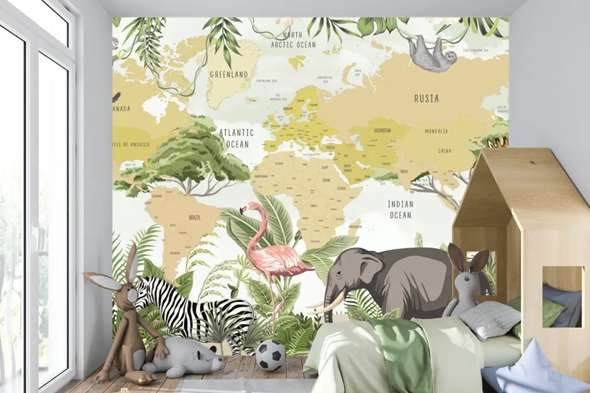 Safari Hayvanları Zürafa Zebra Aslan Flamingo Çocuk Odası Duvar Kağıdı