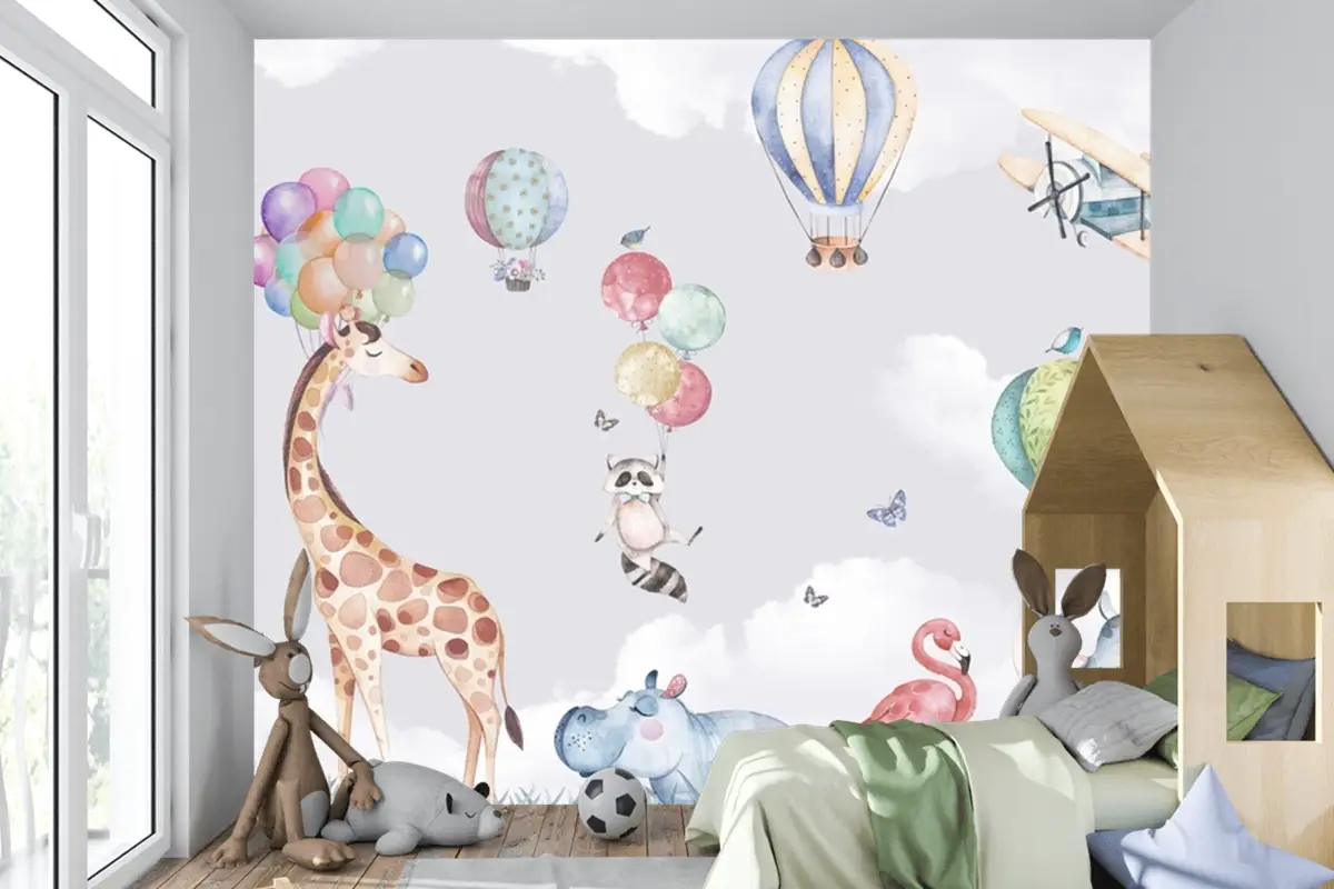 Safari Hayvanları Zürafa Zebra Gergedan Flamingo Çocuk Odası Duvar Kağıdı