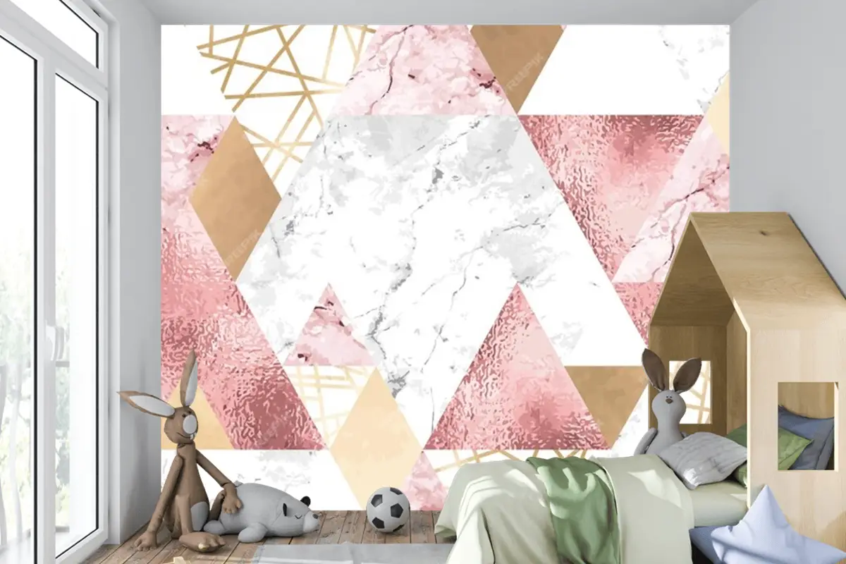 Metalik Çizgilerle Kesintisiz Geometrik Desen Gül Altın Gri Ve Pembe Mermer Üçgenler Çocuk Odası Duvar Kağıdı