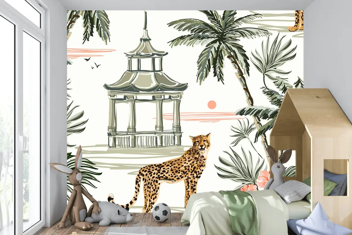 Hindistan Cevizi Palmiye Ağaçları Leopar Çocuk Odası Duvar Kağıdı Ile Dikişsiz Desen Arka Plan