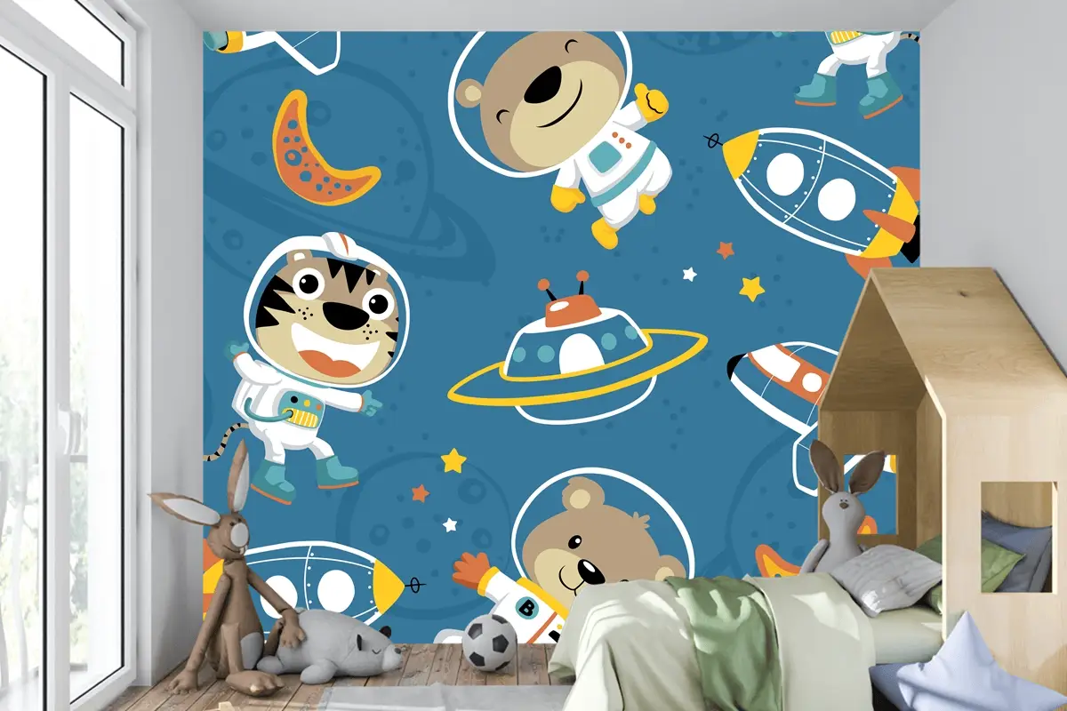 Uzay Taşımacılığındaki Komik Astronotun Kusursuz Deseni Çocuk Odası Duvar Kağıdı