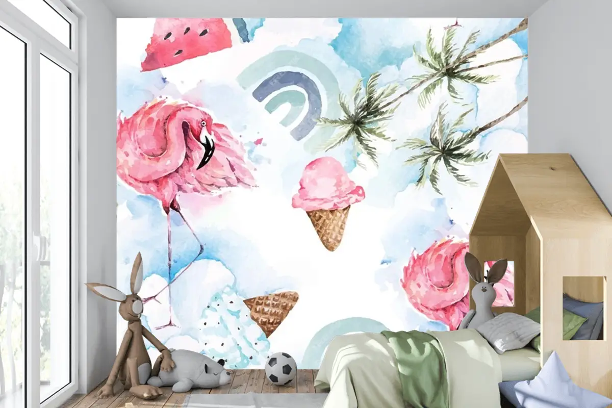 Dikişsiz Desen Palmiye Ağacı Ve Flamingo Çocuk Odası Duvar Kağıdı