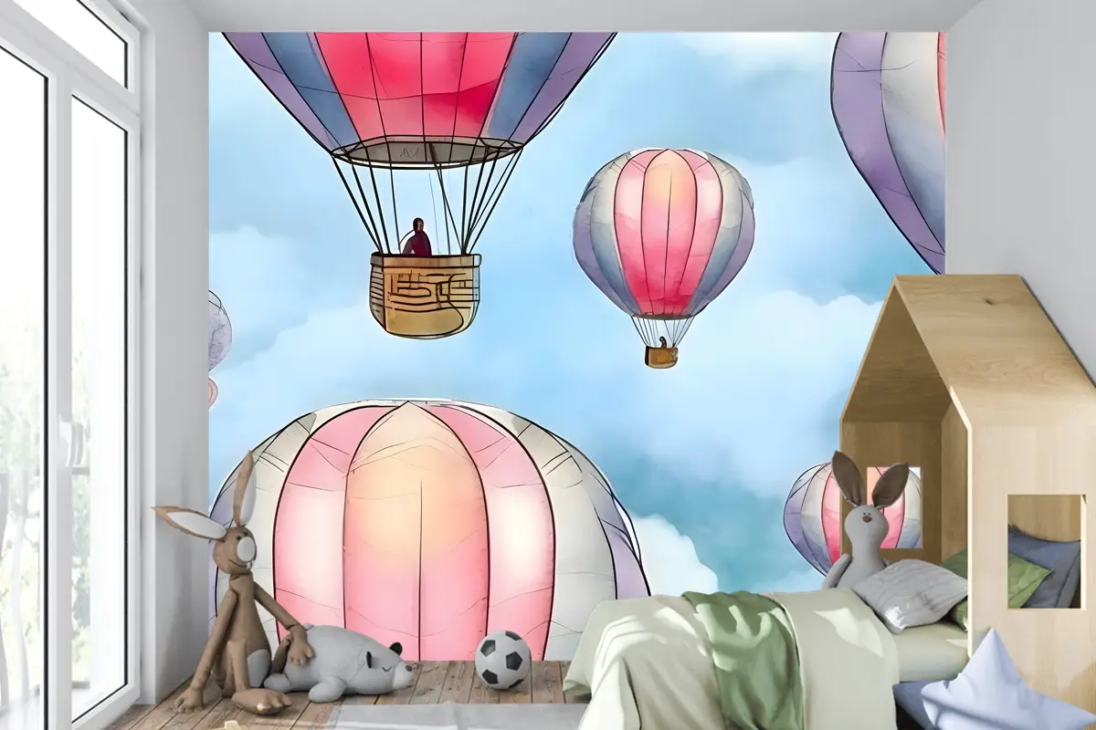 Gökyüzünde Renkli Sıcak Hava Balonları Ile Kusursuz Desen Çocuk Odası Duvar Kağıdı
