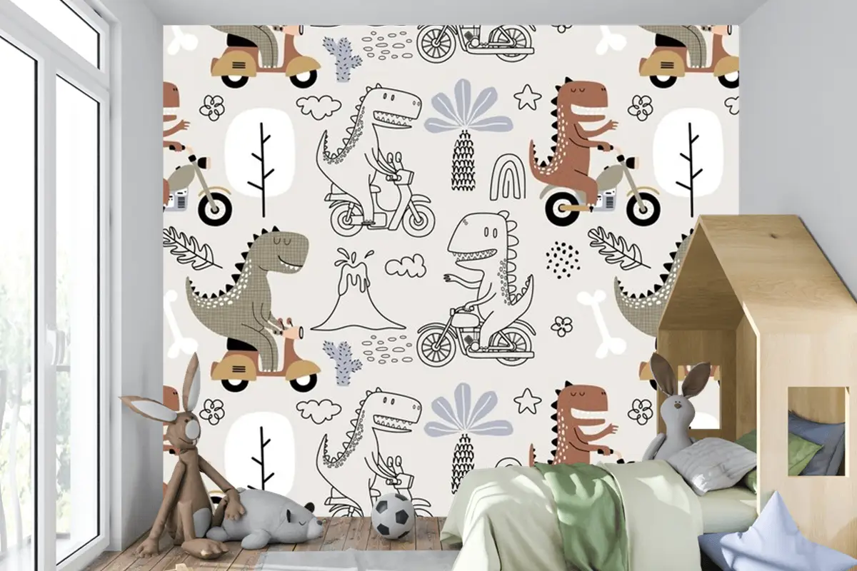 Sevimli Dinozorun Motosiklete Bindiği Kusursuz Desen Çocuk Odası Duvar Kağıdı