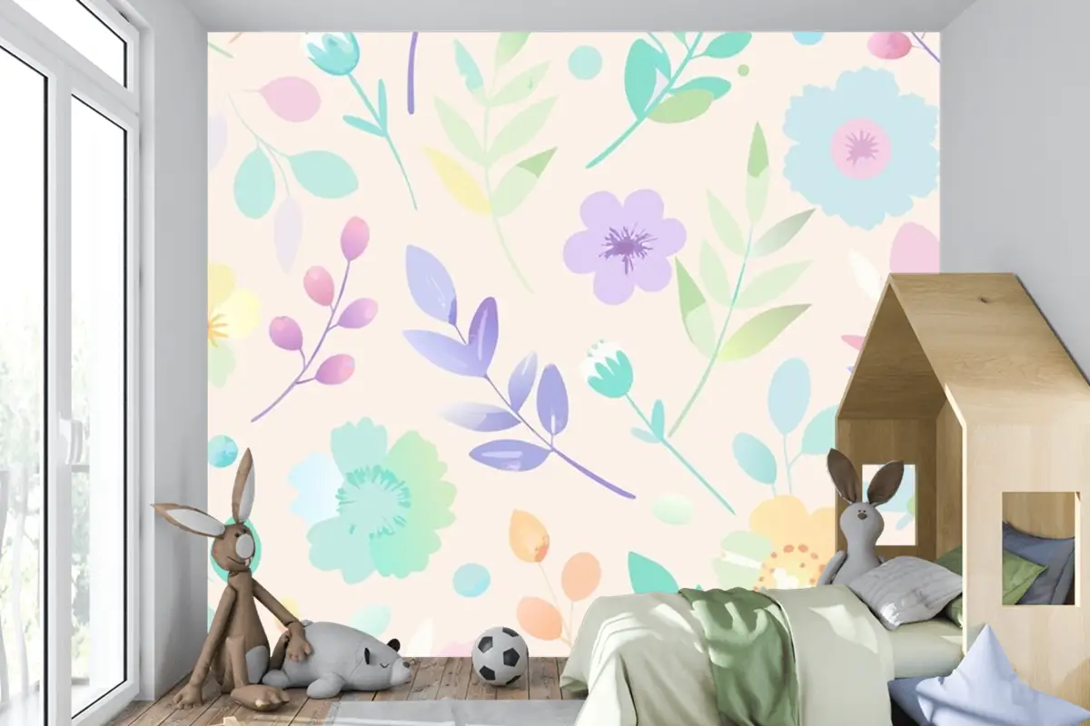 Pastel Renklerde Çiçekler Ve Yapraklarla Kusursuz Desen Çocuk Odası Duvar Kağıdı
