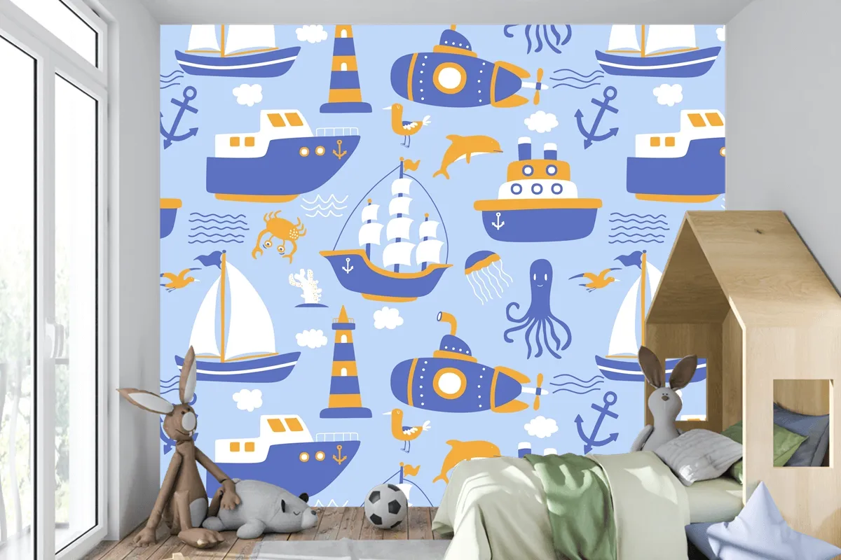 Gemiler Ile Seamless Modeli Çocuk Odası Duvar Kağıdı