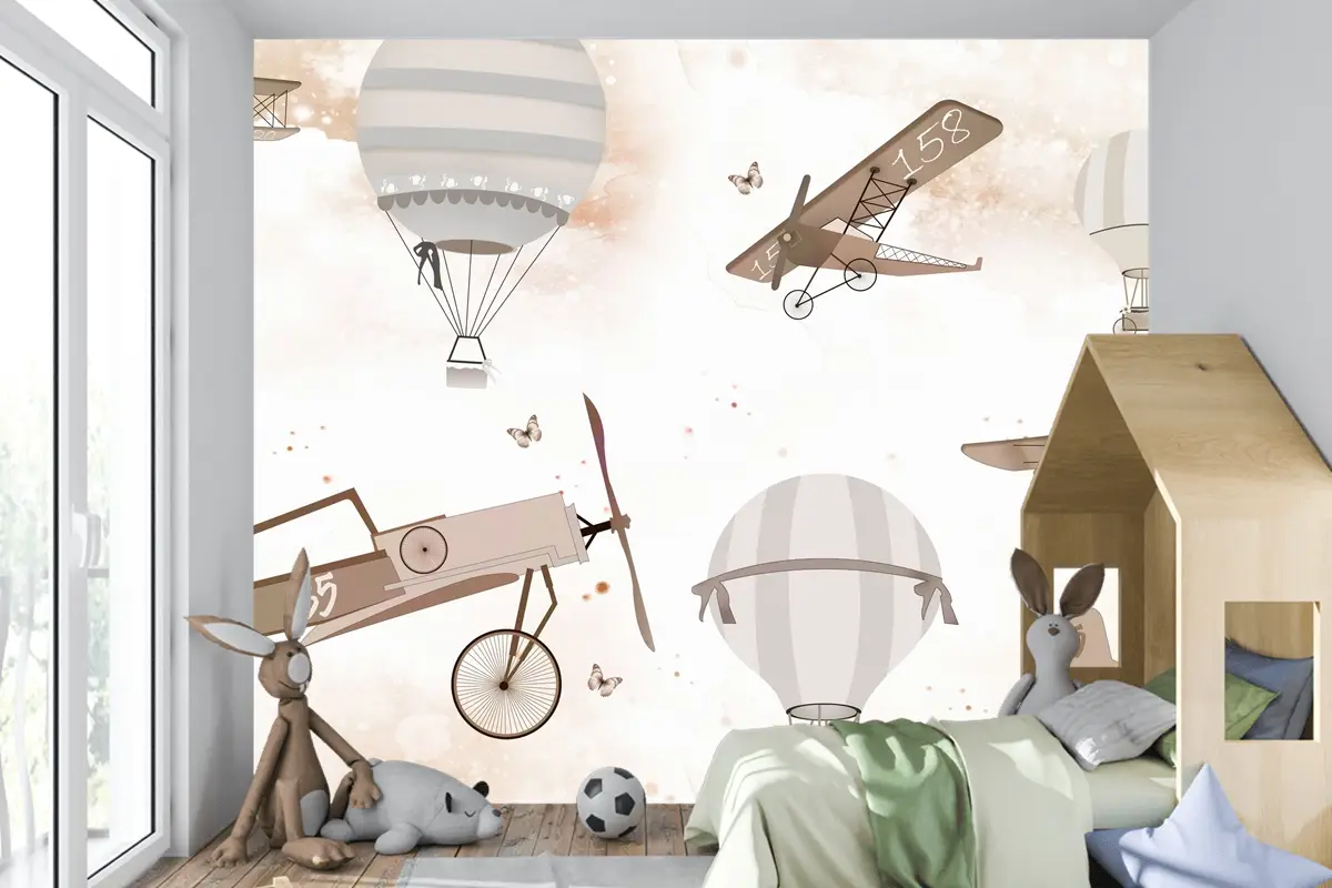 Sepya Uçaklar ve Sıcak Hava Balonları Temalı Çocuk Odası Duvar Kağıdı