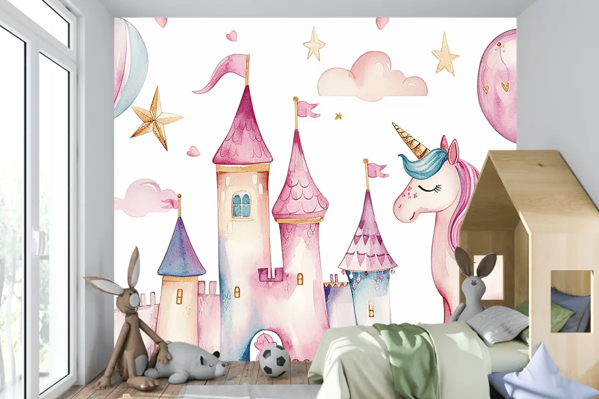 Çocuklar İçin Sevimli Suluboya Krallık Tek Boynuzlu At Ve Kale Seti Doğum Günü Partisi Çocuk Odası Duvar Kağıdı