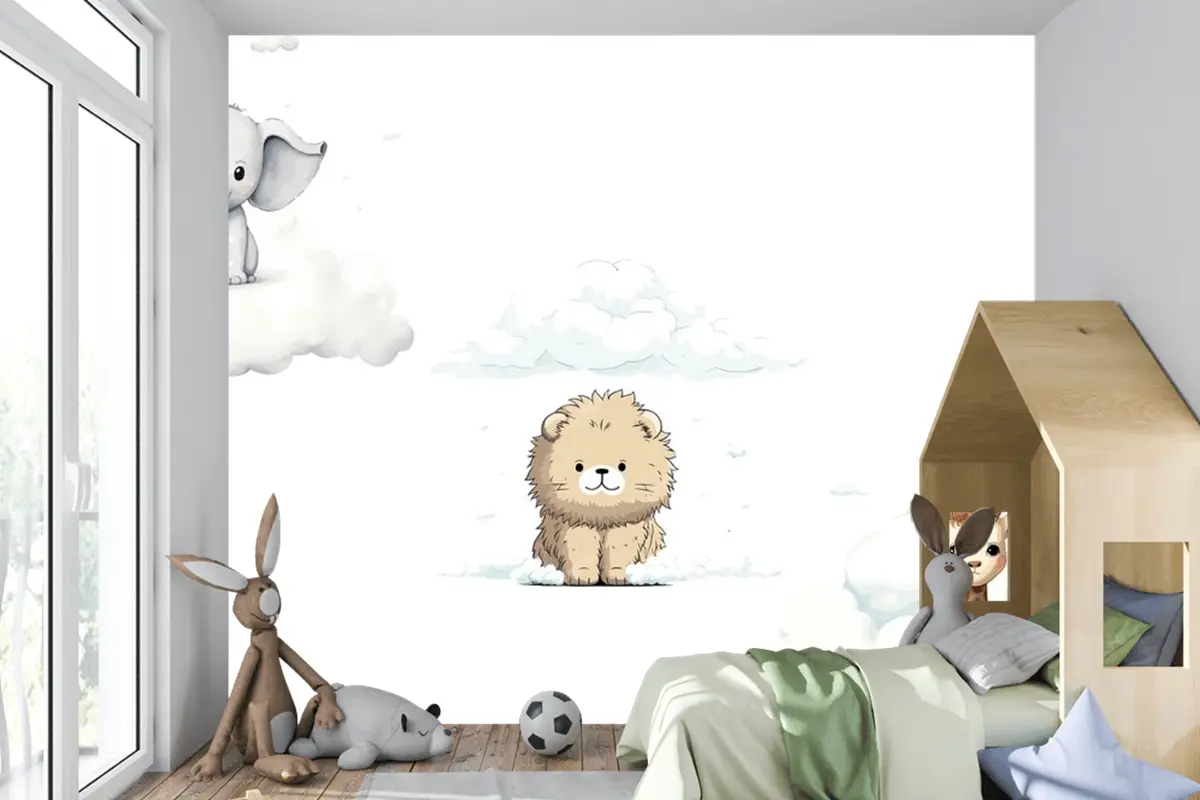 Sute Bebek Komik Hayvanlar Fil Zürafa Aslan Çocuk Odası Duvar Kağıdı Seti