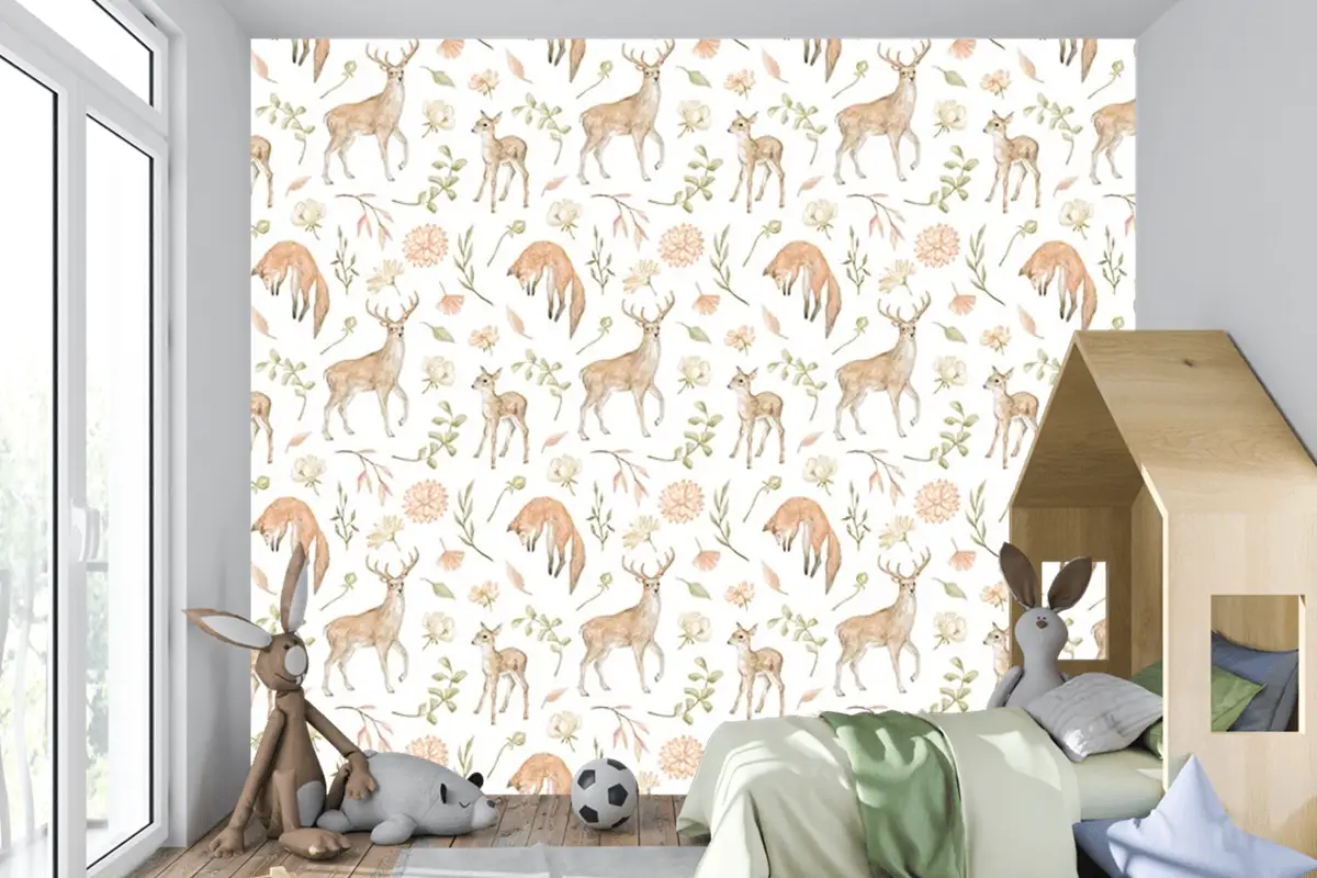 Sevimli Geyikler Ve Yapraklar Çocuk Odası Duvar Kağıdı