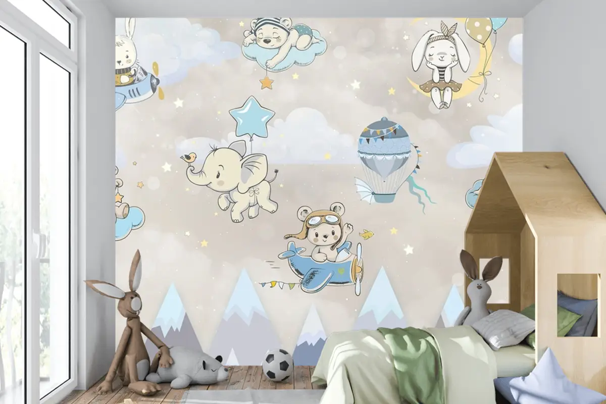 Sevimli Hayvanlar Bulutlar Dağlar Çocuk Bebek Odası Duvar Kağıdı Sevimli Hayvanlar Bulutlar Dağlar Çocuk Bebek Odası Duvar Kağıdı