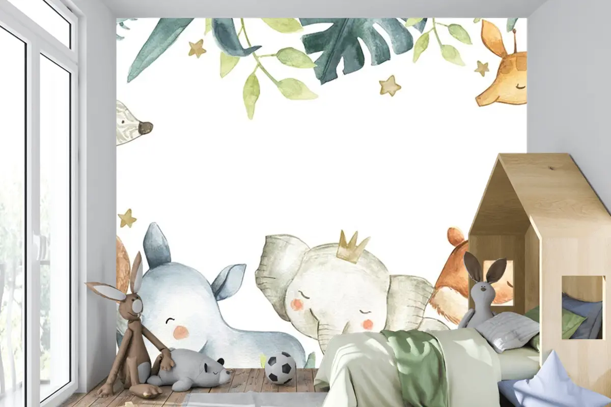 Sevimli Hayvanlar Tropikal Yapraklar Çocuk Odası Duvar Kağıdı