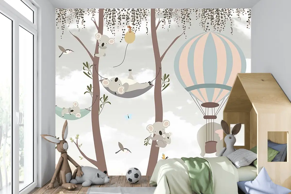 Sevimli Koalalar Ve Uçan Balonlar Çocuk Odası Duvar Kağıdı
