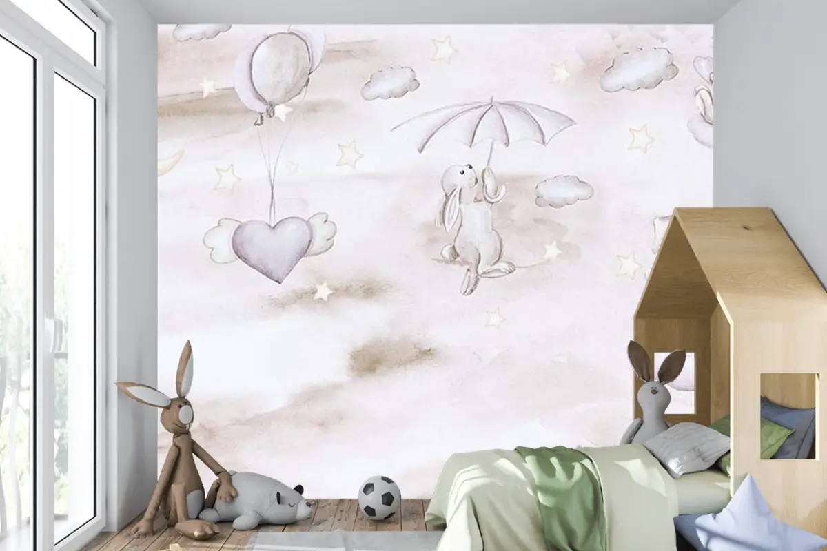Sevimli Tavşanlar Bulutların Üzerinde Çocuk Odası Duvar Kağıdı