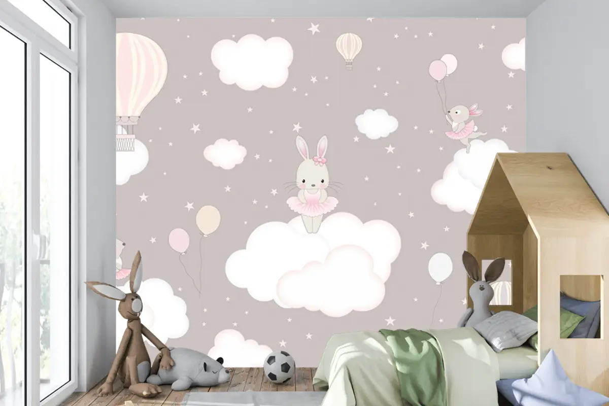 Sevimli Tavşanlar Ve Bulutlar Çocuk Odası Duvar Kağıdı