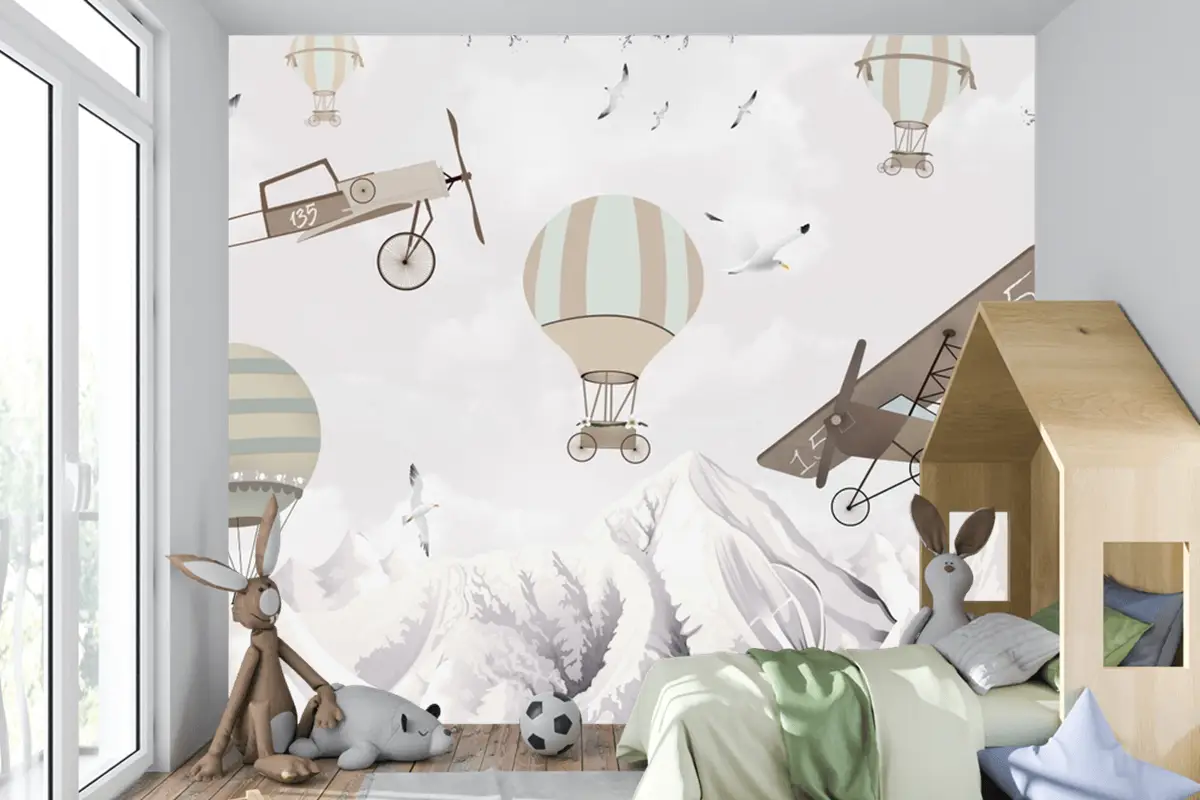 Sıcak Hava Balonları Çizimi Dağlar Manzara Uçaklar Çocuk Duvar Kağıdı