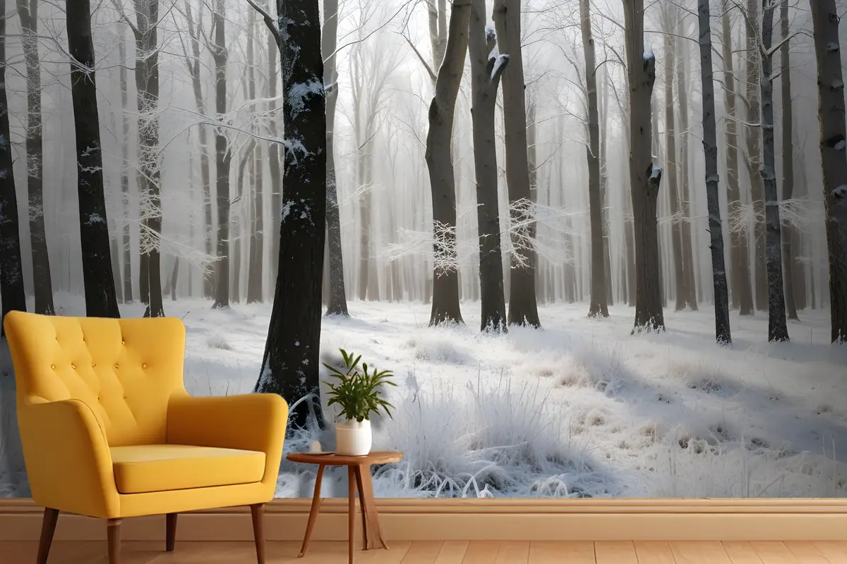 Uzun Çıplak Ağaçları Ve Zemini Kaplayan Buz Katmanıyla Karlı Orman Antre  Hol  Koridor Duvar Kağıdı