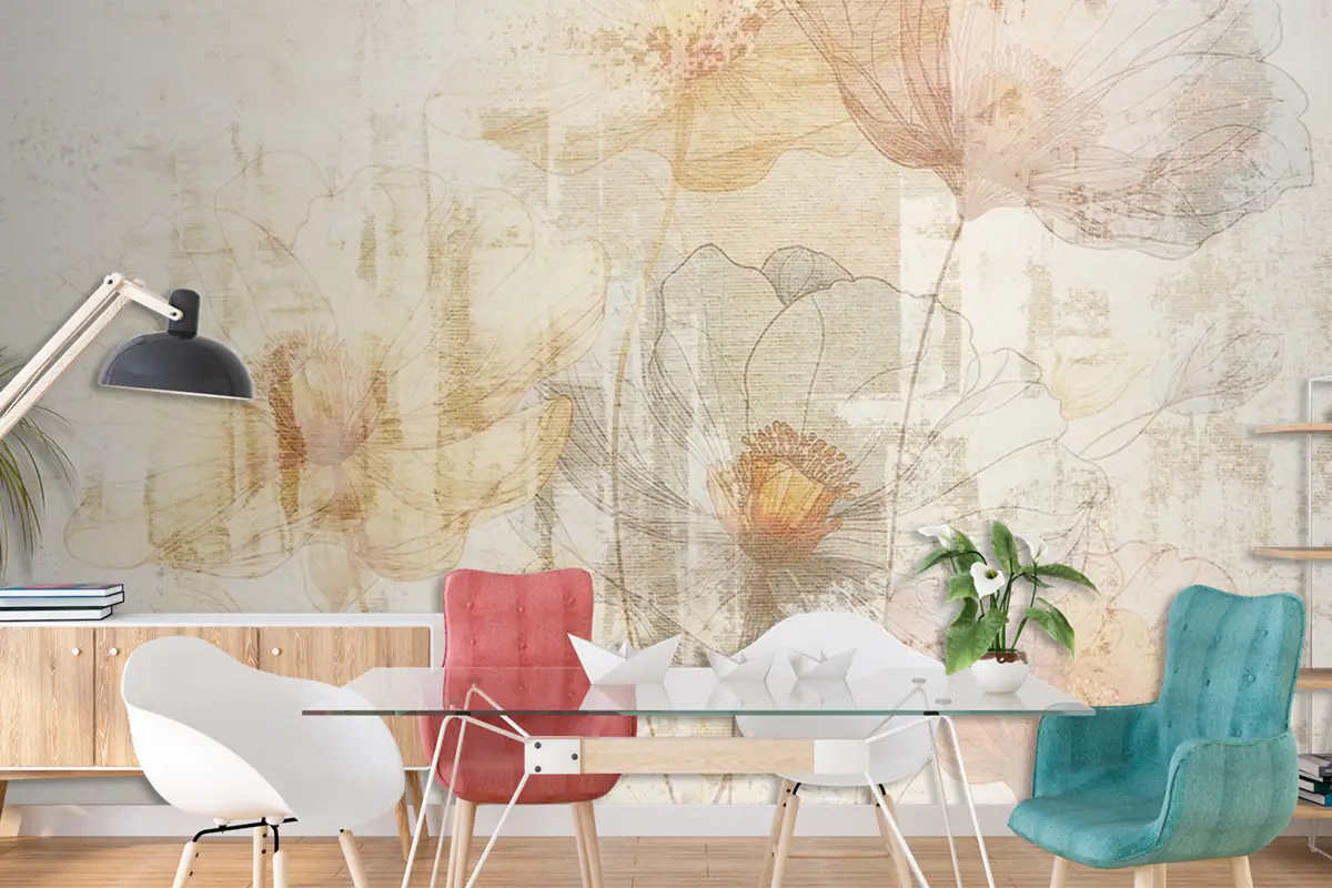 Solgun Renkli Çiçek Desenleri Vintage Duvar Kağıdı