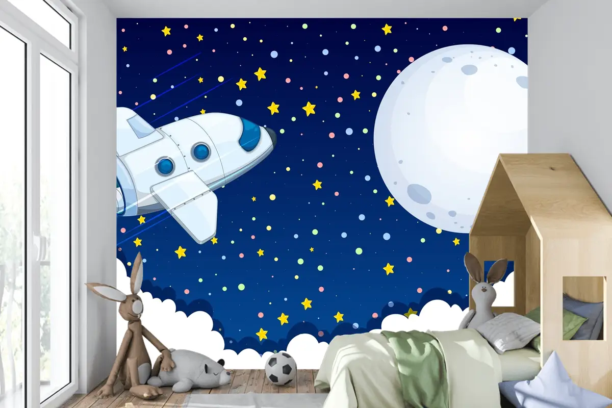Aya Uçan Uzay Gemisi Çocuk Odası Duvar Kağıdı