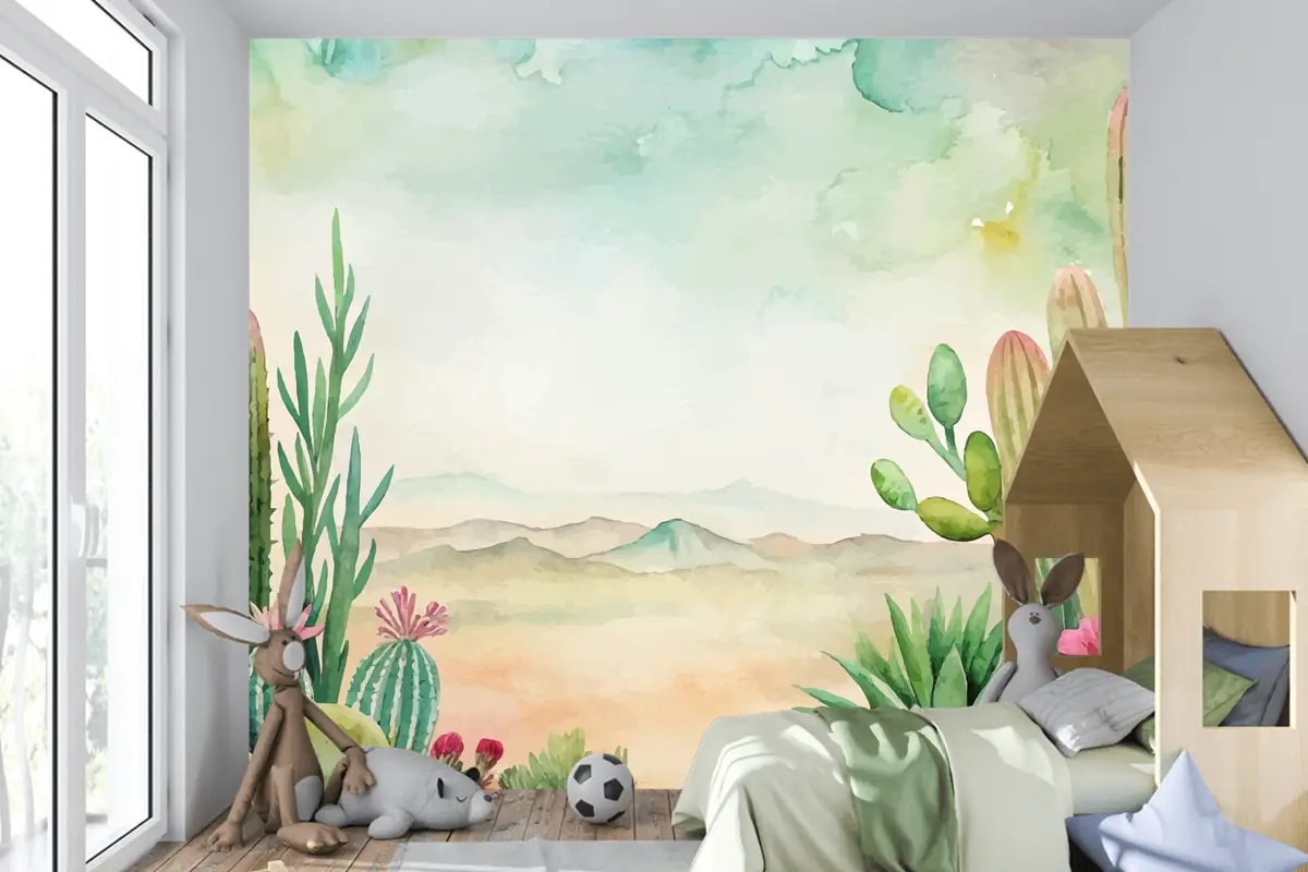 Etli Ve Kaktüs Suluboya Arka Plan Çocuk Odası Duvar Kağıdı