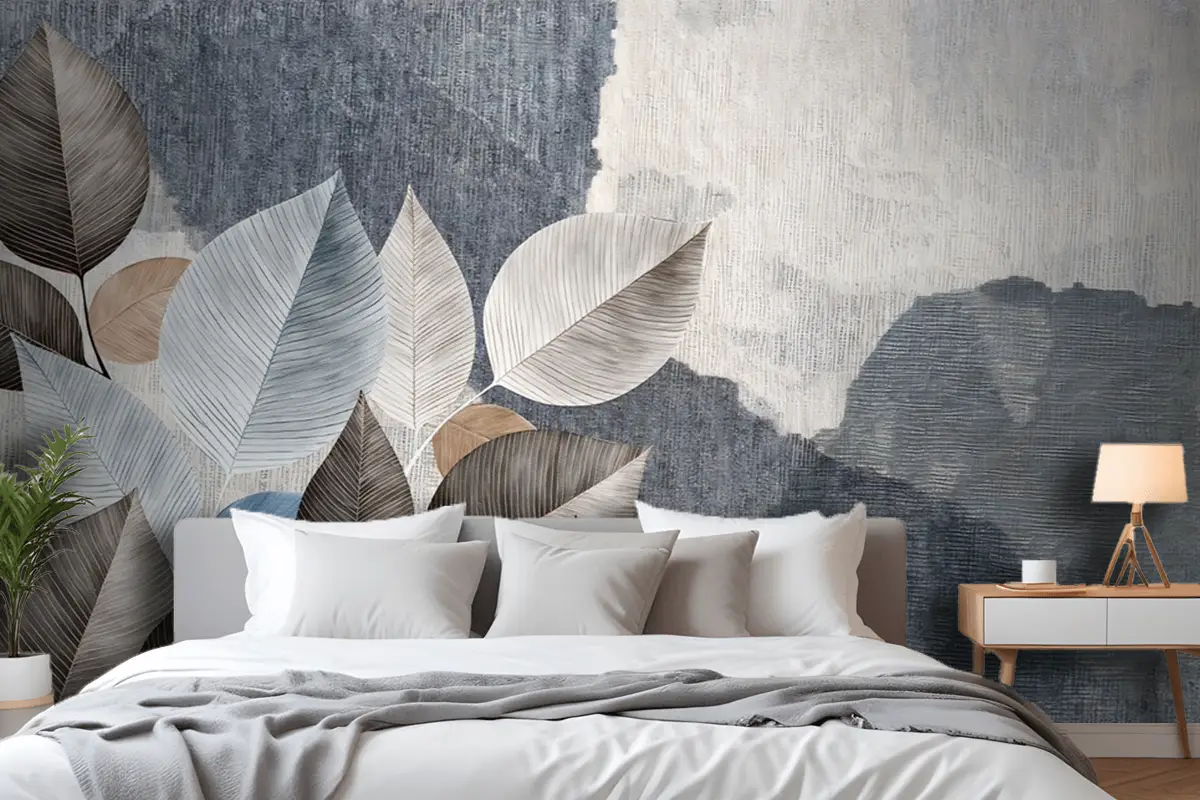 Kahve Tonlarında Dokulu Yapraklar Yatak Odası Duvar Kağıdı