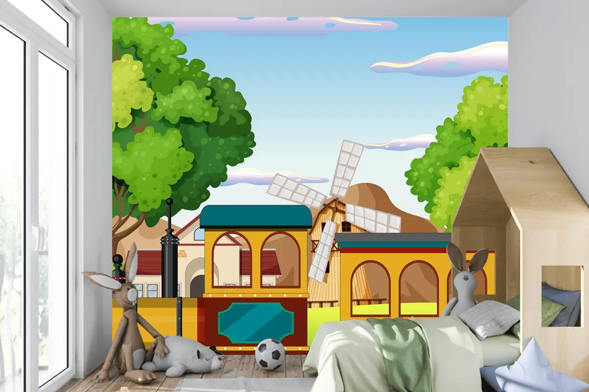 Doğal Sahneli Tren Çocuk Odası Duvar Kağıdı