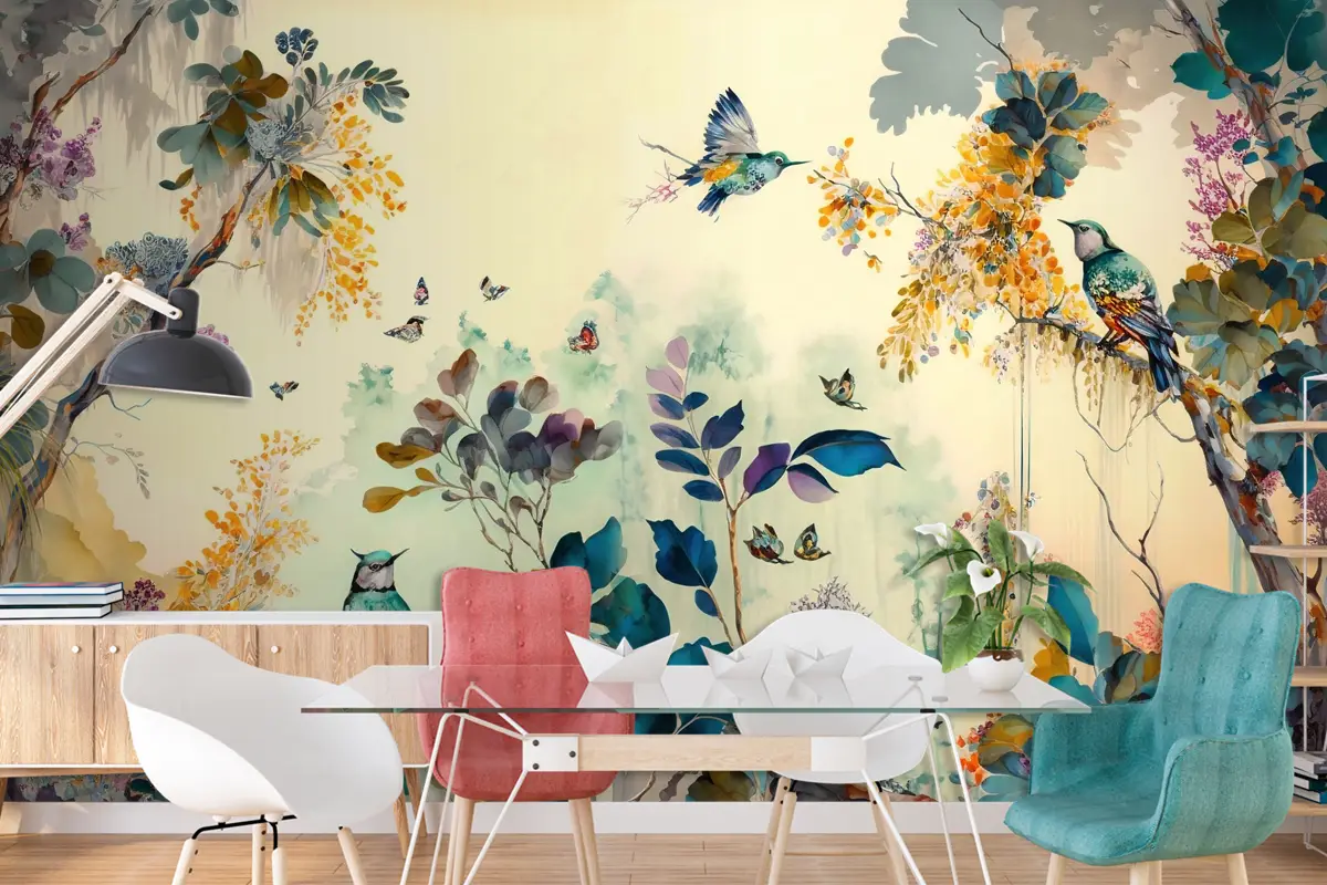 Tropikal Kuşlar Sarı Temalı Duvar Kağıdı