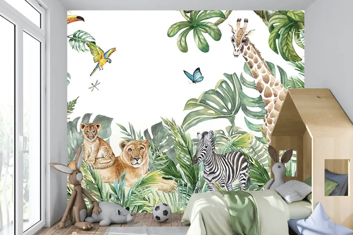 Tropikal Safari Hayvanlari Çocuk Odası Duvar Kağıdı