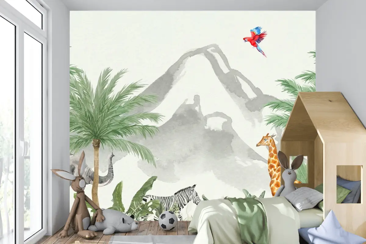 Tropikal Safari Hayvanları Suluboya Orman Çocuk Odası Duvar Kağıdı