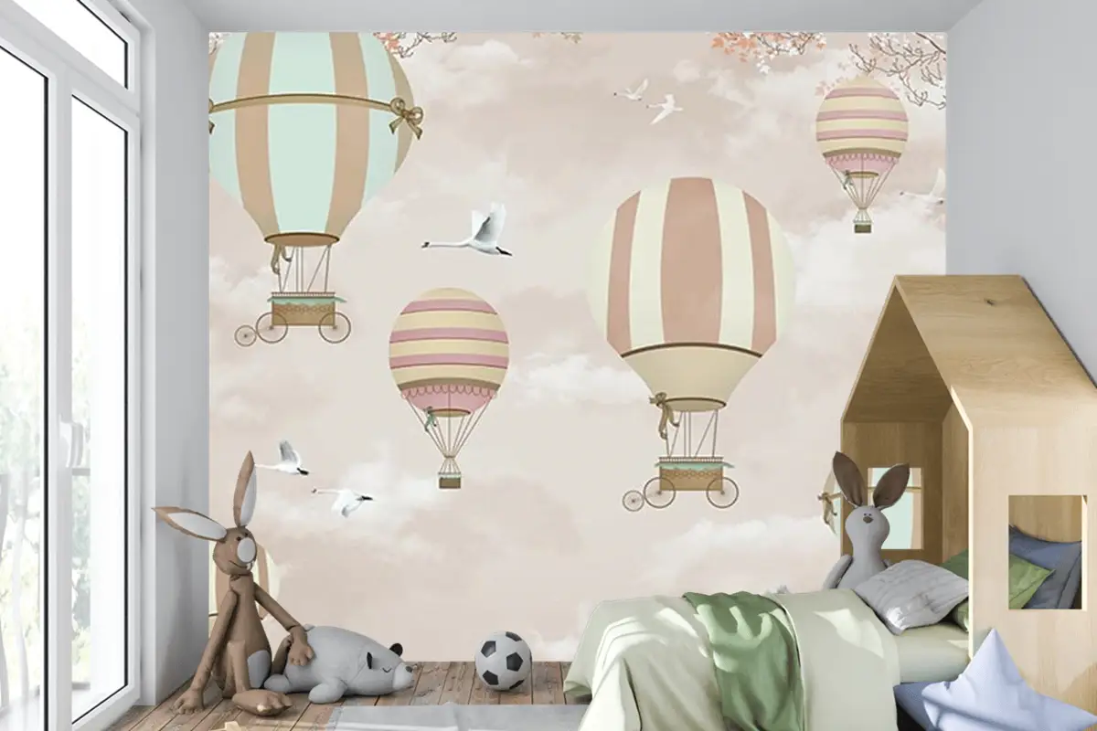 Uçan Balonlar  Çiçekler Ve Kuşlar Çocuk Odası Duvar Kağıdı