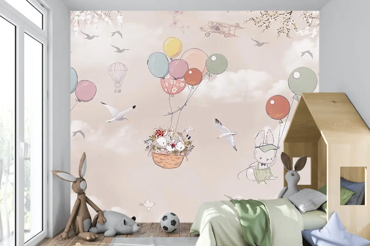 Uçan Balonlar Ve Sevimli Tavşanlar Çocuk Odası Duvar Kağıdı