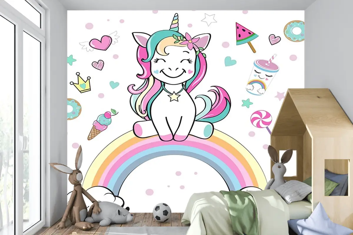 Unicorn Gökkuşağı Çocuk Odası Duvar Kağıdı