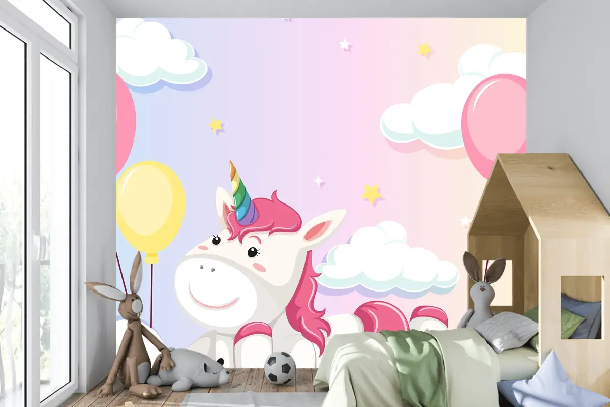 Tek Boynuzlu At Renkli Pastel Gökyüzü Arka Planında Bulutun Üzerinde Yatıyordu Çocuk Odası Duvar Kağıdı