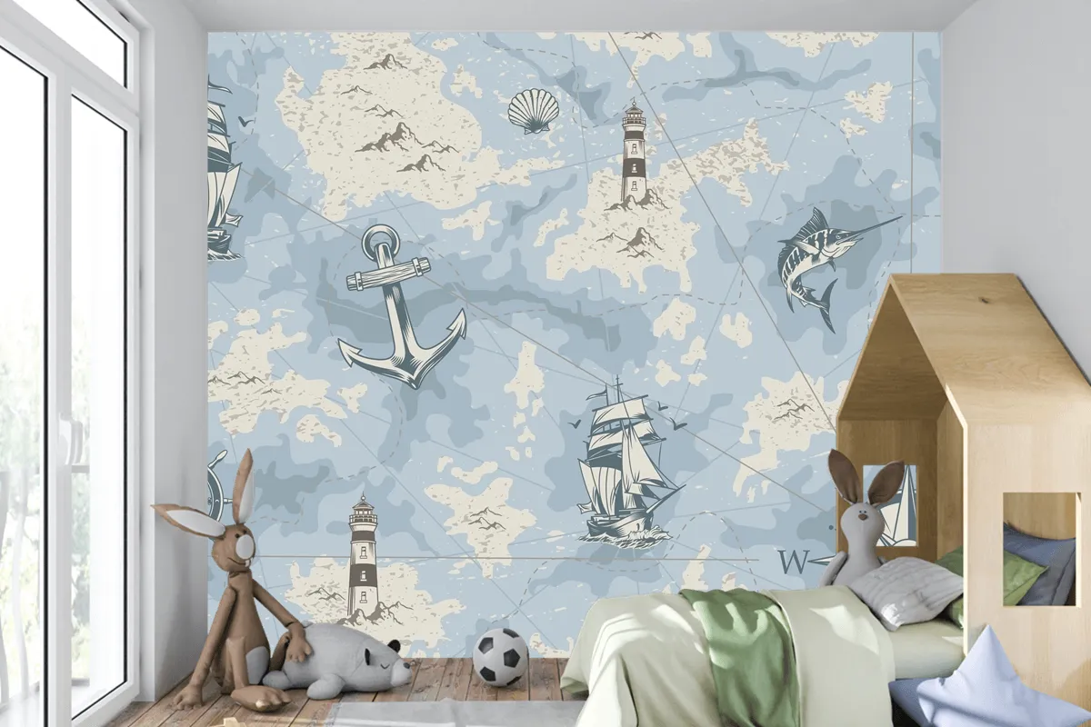 Vintage Denizcilik Eski Harita Çocuk Odası Duvar Kağıdı 