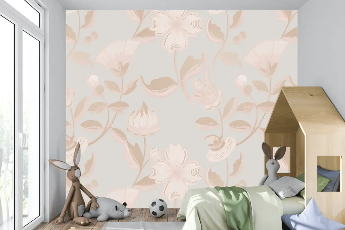 Vintage Nötr Çiçek Desenli Çocuk Odası Duvar Kağıdı 