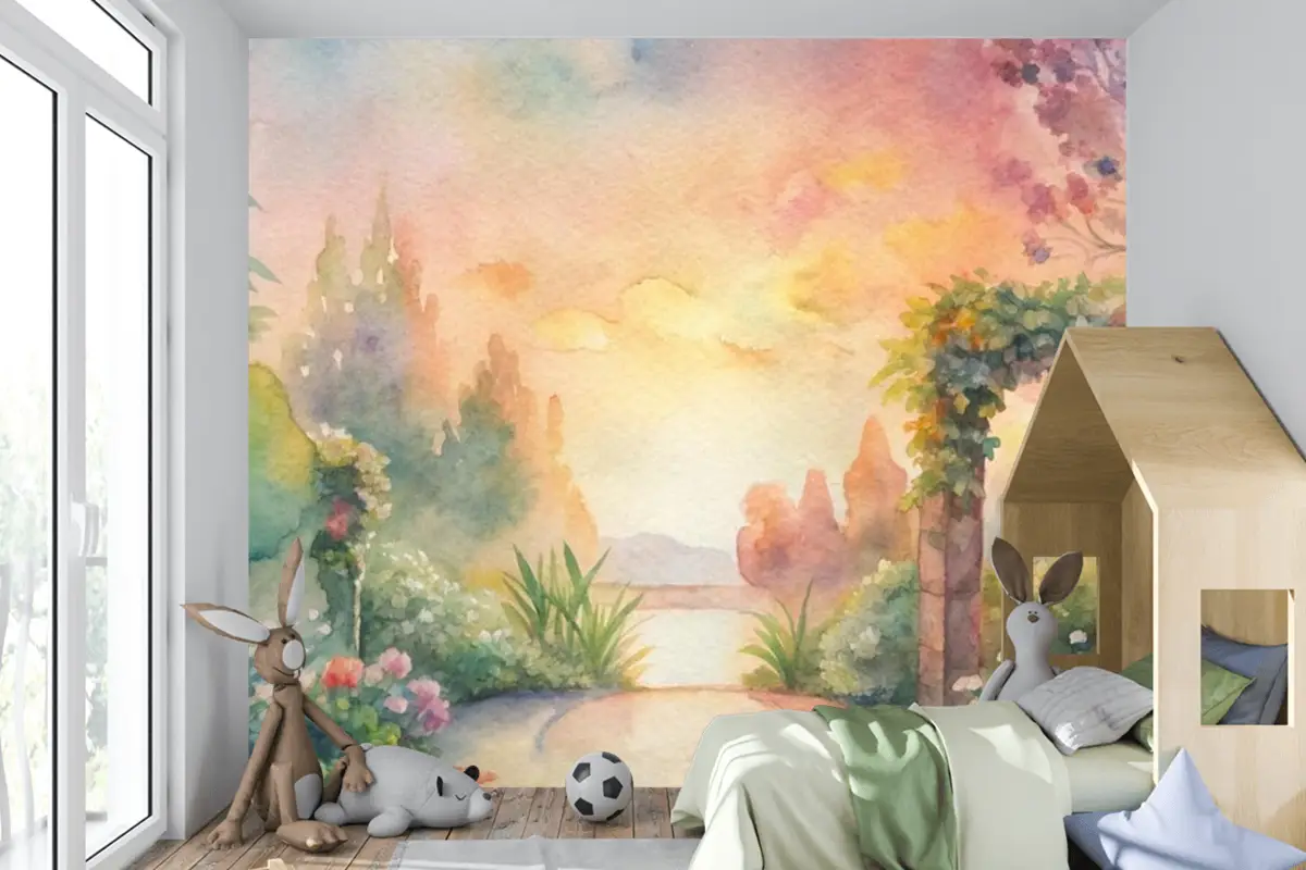Çiçek Bahçesi Çocuk Odası Duvar Kağıdı  İçeren Suluboya Arka Plan