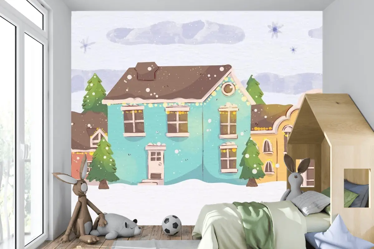 Suluboya Noel Kasabası Çocuk Odası Duvar Kağıdı