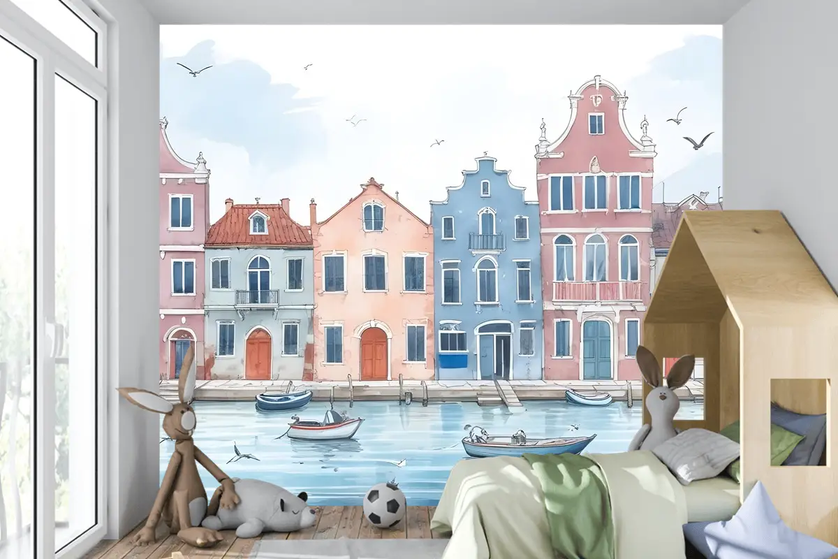 Çocuklar Için Suluboya Hollandalı Evler Çocuk Odası Duvar Kağıdı