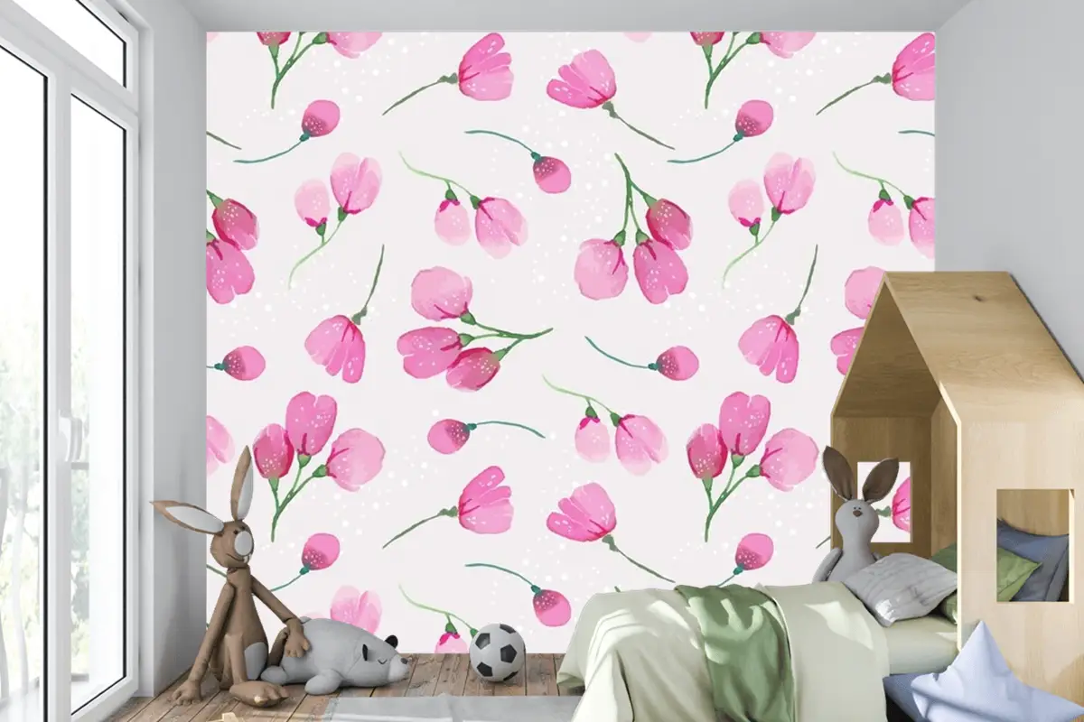 Suluboya Çiçek Desenli Tasarım Çocuk Odası Duvar Kağıdı 
