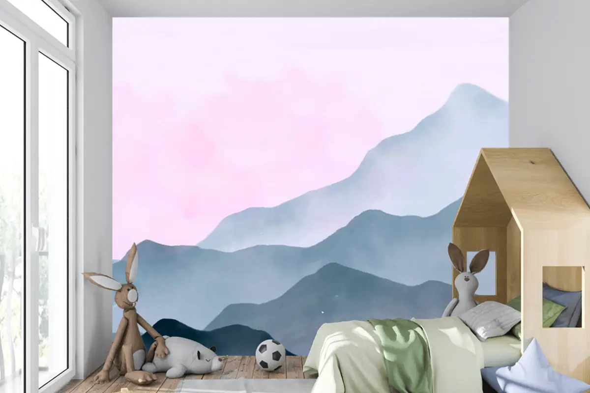 Pembe Gökyüzü Çocuk Odası Duvar Kağıdı  Ile Suluboya Dağlar Arka Plan