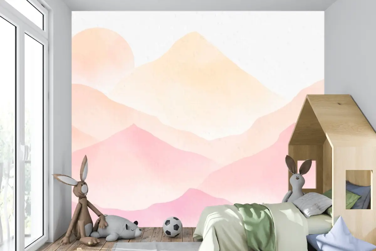 Suluboya Dağları Pembe Arka Plan Çocuk Odası Duvar Kağıdı 