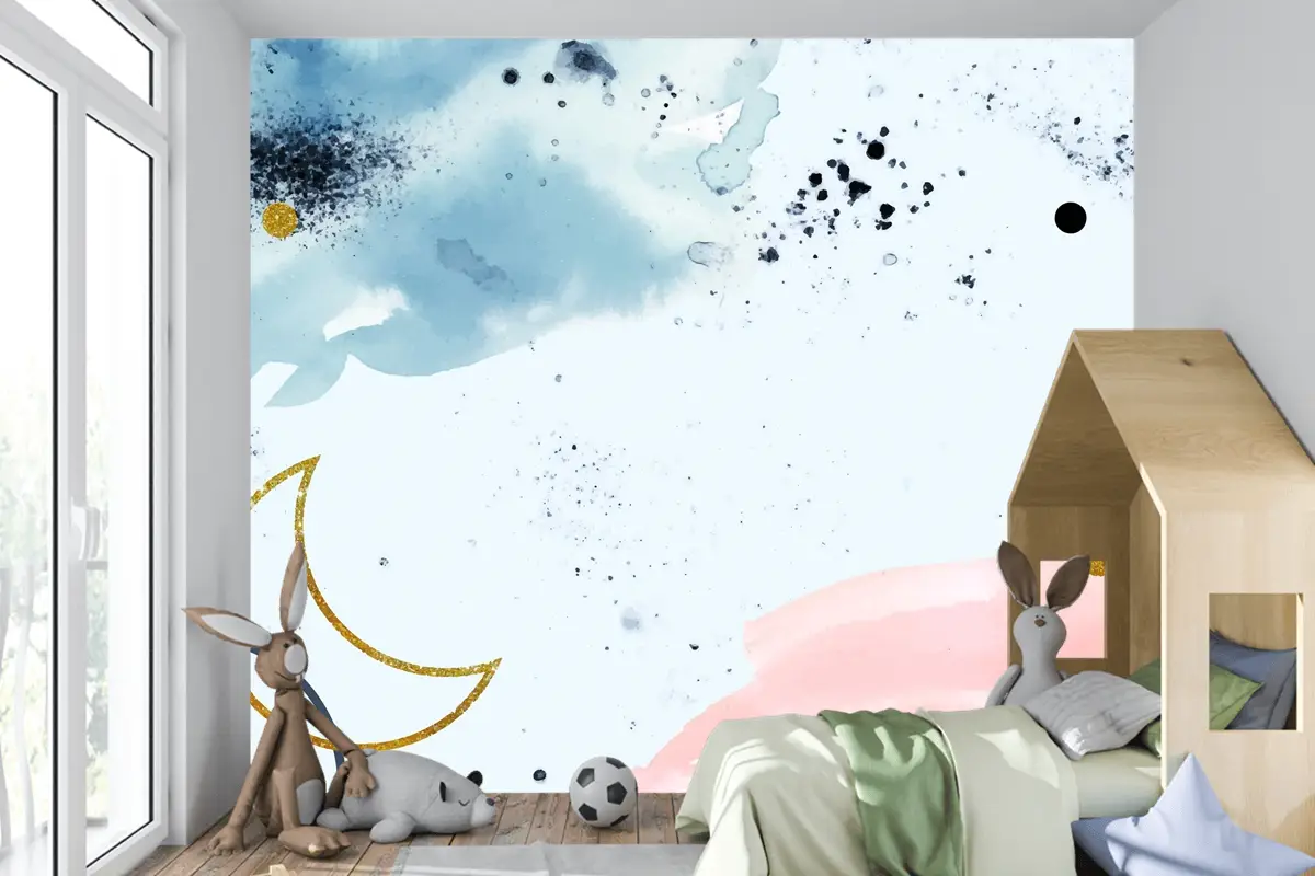 Altın Elementli Suluboya Boyalı Arka Plan Çocuk Odası Duvar Kağıdı