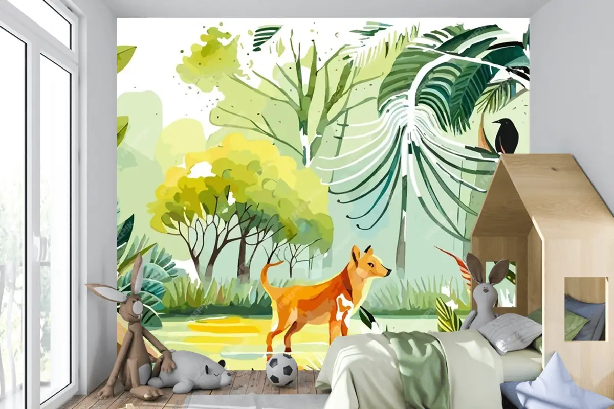 Ormanda Bir Köpek Ve Bir Kuşun Suluboya Resim Çocuk Odası Duvar Kağıdı